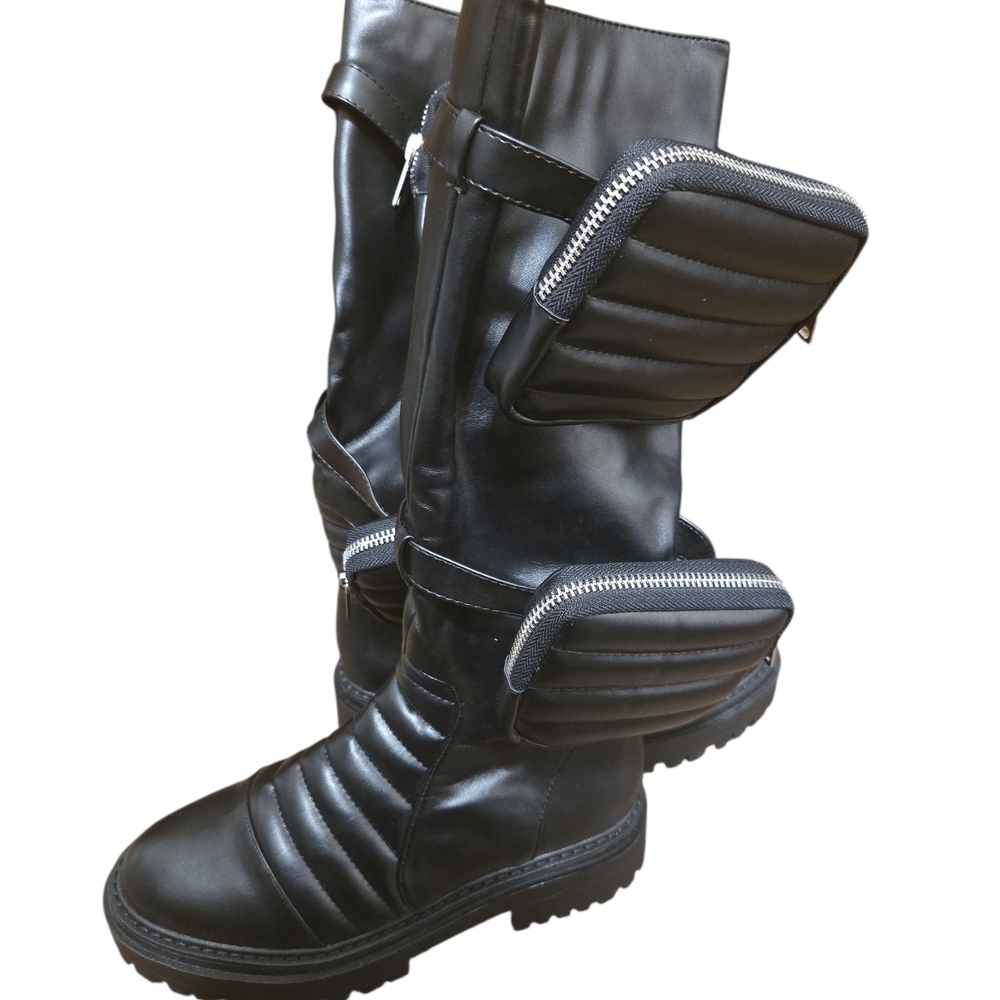 Women’s Black Quilted Utility Pocket Boots Lug Sole Chunky Platform Combat Style